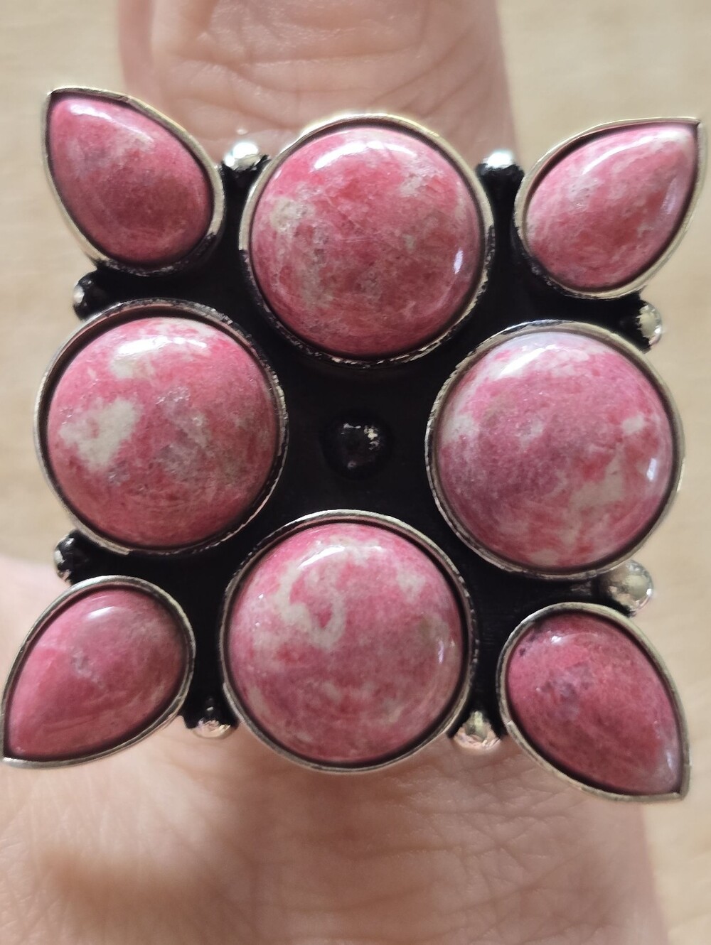 Stunning Statement Ring With Pink Rhodochrosite In SP Copper, Southwestern